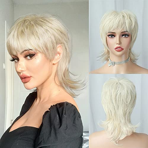 Short Blonde 613 Platinum Shaggy Layered 80s Mullet Pixie Wig with Bangs Wolf Cut Curly 90s Synthetic Funny Fake Fun Hair Replacement Wigs for White Women Daily Party Cosplay Halloween Costume Use