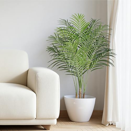 Image of 4ft Artificial Palm Tree - 120cm Tall Fake Areca Palm Plant with 13 Trunks and Realistic Bark Design - Faux Tropical Plants with Pot Perfect for Indoor Home, Living Room, or Bedroom Decor