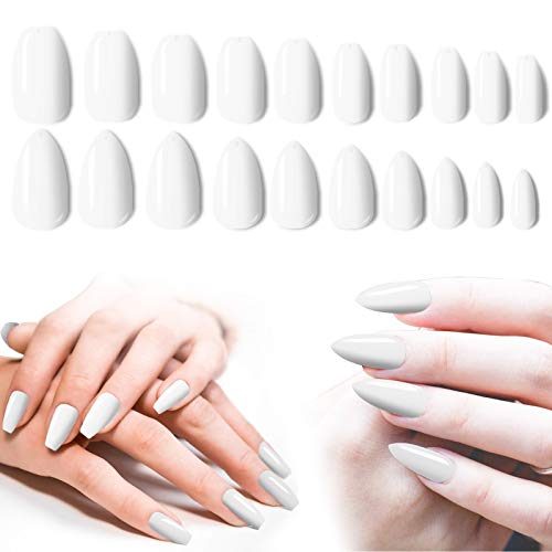 White Press On Nails, 200PCS Cosics Glossy Colored False Nail Tips Ballerina & Stiletto Shape, Fake Nails Medium Length