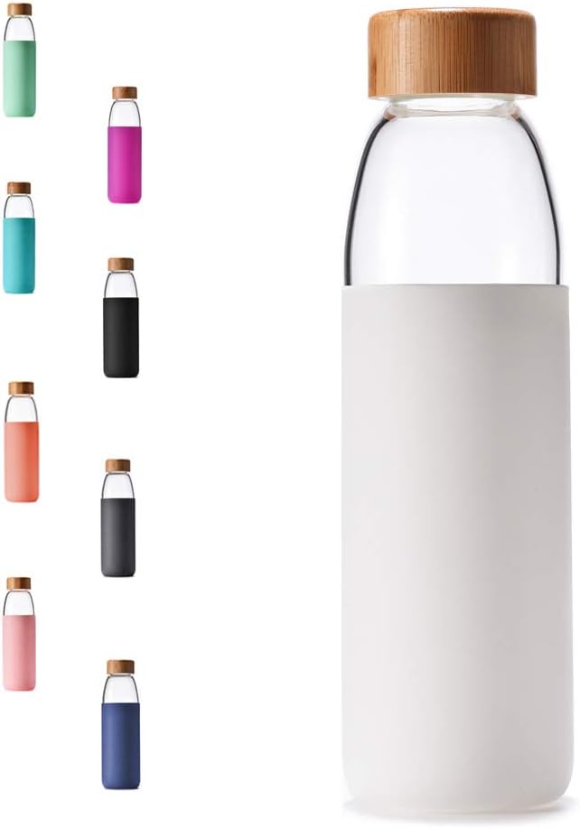 veegoalGlass Water Bottles 18 Oz Borosilicate with Bamboo Lid, BPA-FREE, Non-Slip Silicone Sleeve, and Stainless Steel Leak Proof Lid - Glass Water Bottles for Men and Women