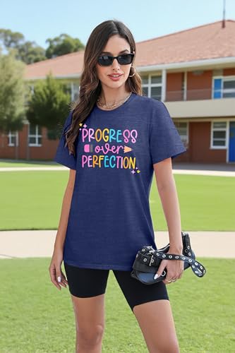 LUKYCILD Teacher Shirt Women First Day of School Shirts Progress Over Perfection Tee Casual Teacher Life Short Sleeve T-Shirt4