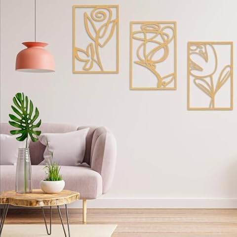DoMyfit 3 Pcs of Metal Flower Wall Decor, 17.5 x 11.8 Inch Metal Wall Art, Minimalist Wire Rose Art Signs for Bedroom Patio Balcony Bathroom Office Restaurant Shop Presents Gifts (Gold) Cover