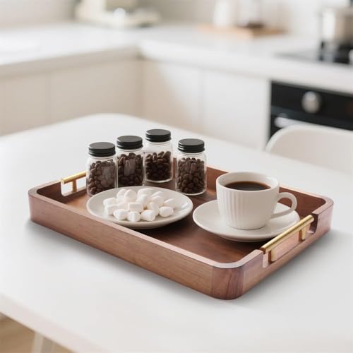 Image of Wooden Serving Tray for Home and Kitchen | Acacia Wood Large Rectangular Tray with Handles for Resturant, Cafe, Breakfast, Multipurpose Organzier | (Food Safe Oil Finish) (Florence)