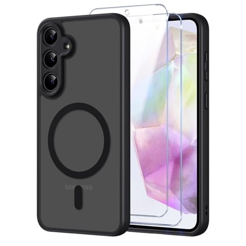 Pnakqil Magnetisch für Samsung Galaxy A35 5G Hülle für Magsafe Matt Transluzente Handyhülle für Samsung Galaxy A35 5G mit 2 Panzer Schutz Glas PC Härte Kratzfest Matte Dünn Magnetische Case Schwarz