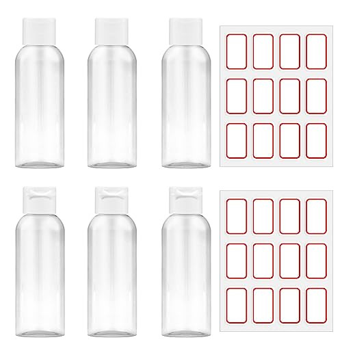 FINEASY 6 Stück Reiseflaschen Set 80ML, Flaschen mit Flip Cap, Leere Reiseflasche Plastikflasche Transparente Mit 2 Aufkleber, Abfüllflaschen für Shampoo Lotion Reisen Urlaub Camping