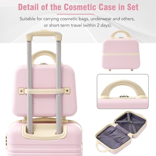 Travel Conveniently with 4-Piece Hardshell Luggage Set, Lightweight ABS Material in Light Pink, Includes 20", 24", 28" Suitcases and Cosmetic Case4