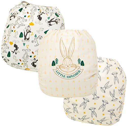 Image of Simple Being Reusable Baby Cloth Diapers Adjustable Size, Double Gusset, Waterproof Cover, 3 Pack with 3 Inserts Looney Tunes (Explorer)