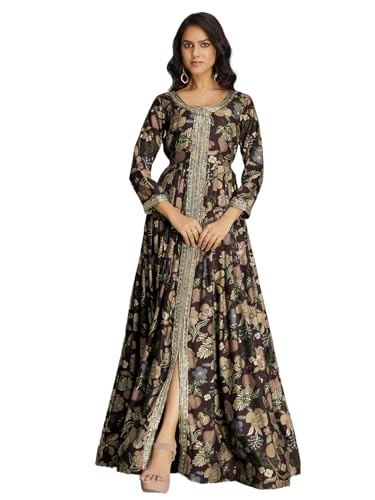Image of madhuram textiles Women's vetican Print with Hand Embroidery Work Anarkali Front Slit Open Long Gown(M-2545)