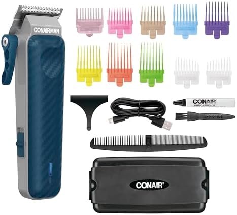 Conair Men Lithium-Ion Rechargeable Clipper & Hair Trimmer for Men, 17-Piece Clippers for Hair Cutting Kit with Color-Coded Combs, 5-Position Taper Control for Tapered Edges and Fades, Quick Charge
