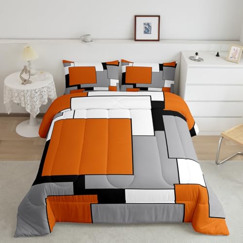 Erosebridal Geometric Queen Comforter for Kids Teens,Mid Century Abstract Bedding Set Modern Orange Grey Black Grey Quilt for Home Room Decor Lines Striped Down Comforter with 2 Pillowcases