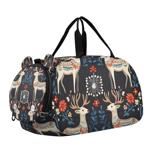 Glaphy Cartoon Deer Ethnic Duffle Bag for Toddler Boys Girls, Gym Sports Bag with Shoe Compartments, Kids Travel Overnight Weekender Shoulder Bag