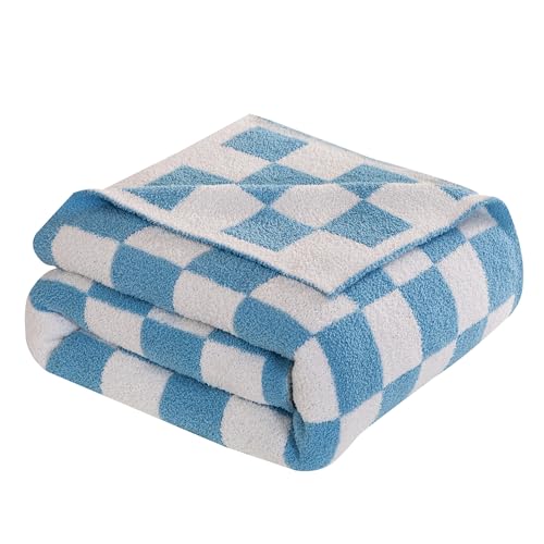 Image of Elegant Comfort Checkered Throw Blanket, Aqua Super Soft Cozy Fluffy Warm Throw Blankets for Couch, Sofa, Chair, Bed, Camping, Picnic, Travel Lightweight Bed Blanket (50 inch x 70 inch)