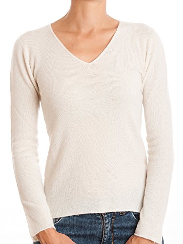 De las llanuras de Cachemira - Cuello en V 100%-cachemira para mujer blanco Small