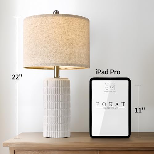 Image of PoKat 23 inch Table Lamp, Farmhouse Bedside Lamps for Bedroom Set of 2, Ceramic End Table Lamps for Living Room, Traditional Nightstand Desk Lamps, Frosted White Lamps, Medium