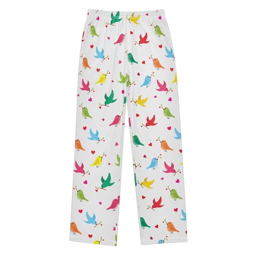 Colorful Birds Love Heart Boys Long Pants Soft Trousers Elastic Waist Kids Lounge Bottoms with Pockets S-XL