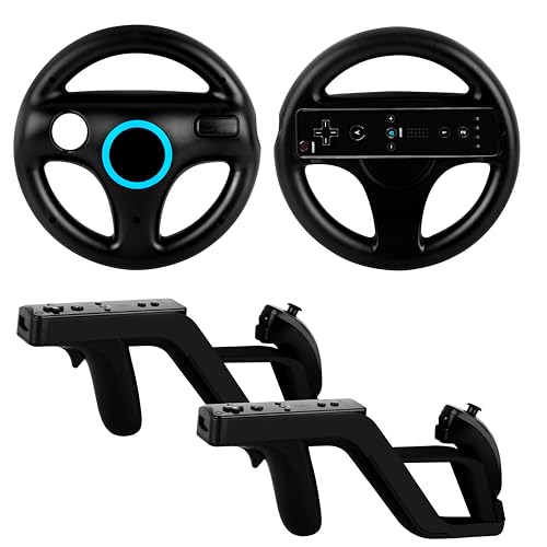 DTianSir 4Pcs Mario Kart Steering Wheels and Zapper Light Gun Compatible with Nintendo Wii/Wii U Remote Controller(Black)