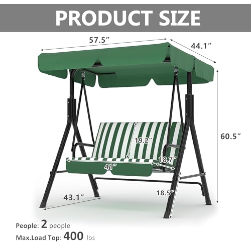 Image of Garvee Outdoor Porch Swing with Adjustable Canopy, 3-Seat Patio Swing Chair with Stand, Heavy Duty Outdoor Swing for Adults, Metal Frame Patio Swing for Garden, Backyard & Poolside,Striped Green