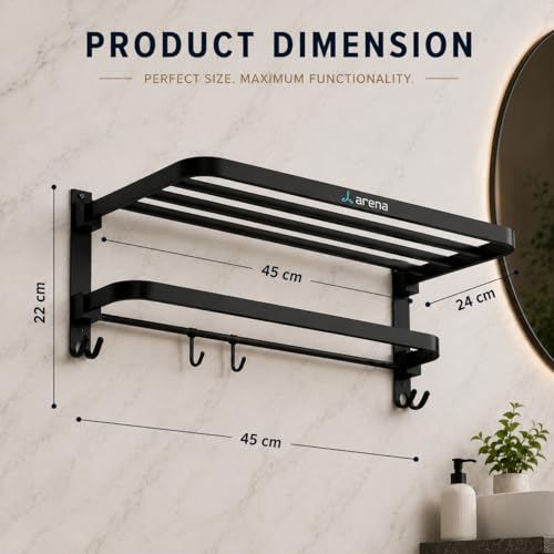 Image of Arena18 inch Folding Towel Rack with Shelf Stainless Steel Towel Holder in Bathroom Wall Mounted Towel Rack Stand in Bathroom Durable & Space Saving Matte Black Finish Bathroom Organizer (Packof 1)