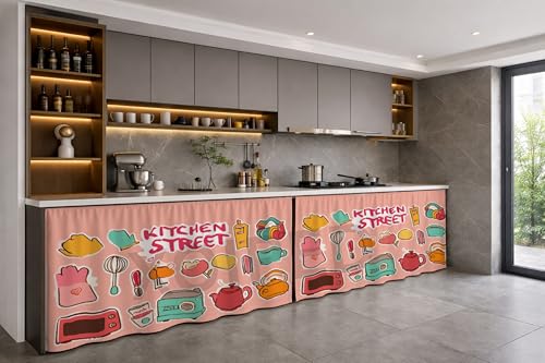 Image of Under Sink & Counter Curtain for Modular Kitchen - Printed Fabric Rod Pocket Hanging Skirt, Washable Under-Counter Cover, Pack of 2 Panels (Each Panel: 150 x 70 cm) (Kitchen Street)