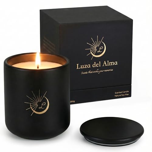 Sandalwood Scented Soy Candle 8.8oz - Luxury Matte Black Ceramic Jar - Non-Toxic Natural Soy Wax, Cotton Wick - 52 Hour Clean Burn - Aromatherapy Gift Candle for Men & Women, Home Decor