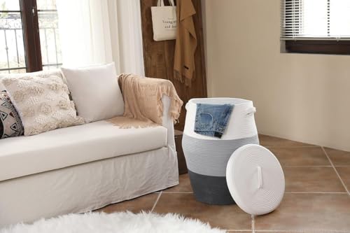 Image of Storage Cotton Rope Basket and Laundry Hamper for Dirty Clothes, Towels, Blankets, Pillows Storage in Living Room, Laundry Room and Bedroom (White Grey & Dark Grey With Lid, 14x18 Inch)
