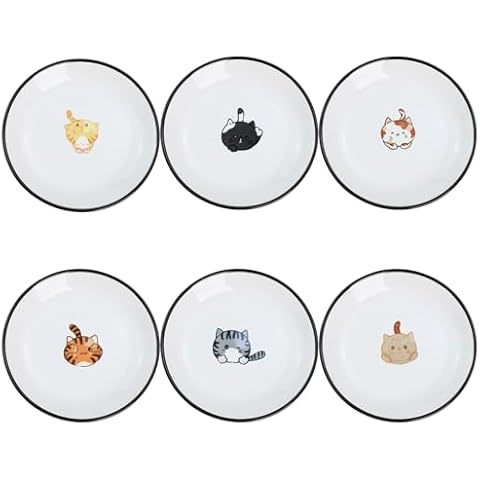 SOCOSY Super Cute Cartoon Animals Ceramic Sauce Dishes/Seasoning Dishes/Sushi Soy Dipping Bowls/Appetizer Plates/Dessert Plates/Little Cat Dog Feeding Bowls/Serving Dishes, 6 PCS-Cat Body-5 Inch Cover