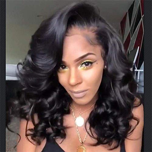 19" Natural Wavy Curly Short Bob Side Part Full Hair Heat Resistant Synthetic Wigs for Women Girls(Black)