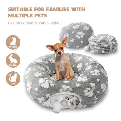 Image of Cat Tunnel for Indoor Cats, Cute Peekaboo Cave with Dangling Balls, Pet Donut Tunnel Bed with Circle Mat for Puppy Kitten Rabbit, Grey