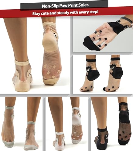 5 Pairs Set of Women’s Sheer Cat Socks with Paw Print Sole – Transparent Mesh Stretchy Short Socks for US Size 6.5–9 – Cute Animal Design in Assorted Colors4