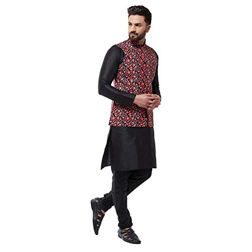 Image of SOJANYA (Since 1958 Men's Silk Blend Black Kurta Pyjama & Printed Nehrujacket Combo