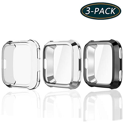 KTcos Funda protectora Fitbit Versa, Protector de pantalla delgado Funda plateada TPU resistente a los arañazos para reloj inteligente Fitbit Versa (3 Pack)