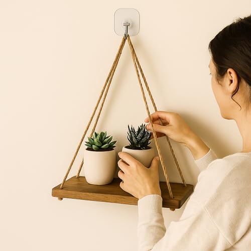 Image of Wooden Hanging Shelves Adjustable Rope Hanging Shelf, Wall Hanging Home Decor, Lightweight, Premium Wooden Shelf, Hanging Plant Shelf for Bedroom and Living Room Natural Finish