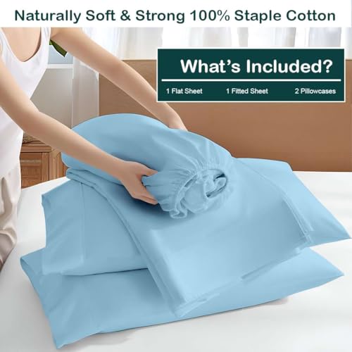 Image of NON Sticky cotton Premium 4 Piece Egyptian Cotton Fitted Queen Sheet Set, Hotel Quality Soft Breathable Bedding Sheets, 9 inch Deep Pocket, 60 inch X 80 inch, Light Blue Solid