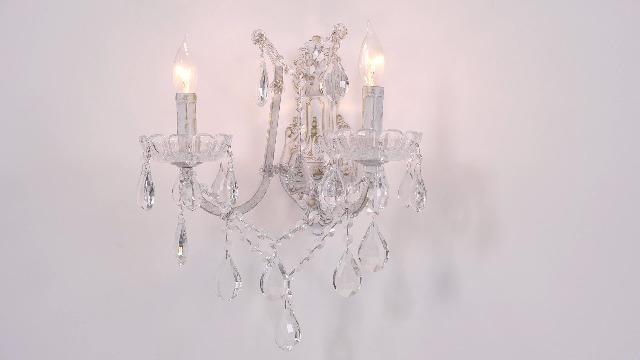 Image of YLONG-ZS French Country Crystal Wall Sconce, 2-Light Distressed White Gold Candle Style with Teardrop Crystals, Hardwired Indoor Decor for Bedroom Bathroom Vanity, E12 Base