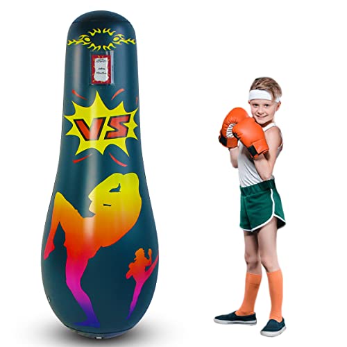 Saco de boxeo pesado para adultos, saco de boxeo de pie, bolsa de kickboxing con soporte, juguete divertido inflable, para niños, deportes, regalos al aire libre, juegos de yarda (165 cm, azul oscuro)