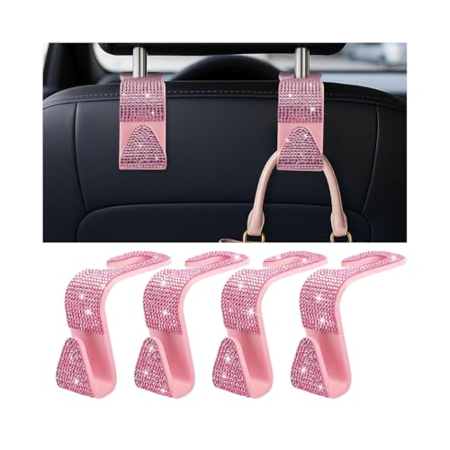 Zpana 4PCS Bling Car Seat Headrest Hooks, Vehicle Back Seat Purse Handbag Hanging Holder with Crystal Rhinestone, Diamond Storage Organizer Hook, Universal Automotive Accessories (Pink)