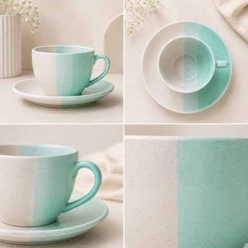Image of The Earth Store TT Green Ceramic Cappuccino Cup with Saucer Set of 4 | 250ML Coffee & Tea Cups | Microwave & Dishwasher Safe | Stylish Cups for Home, Cafe & Gifting