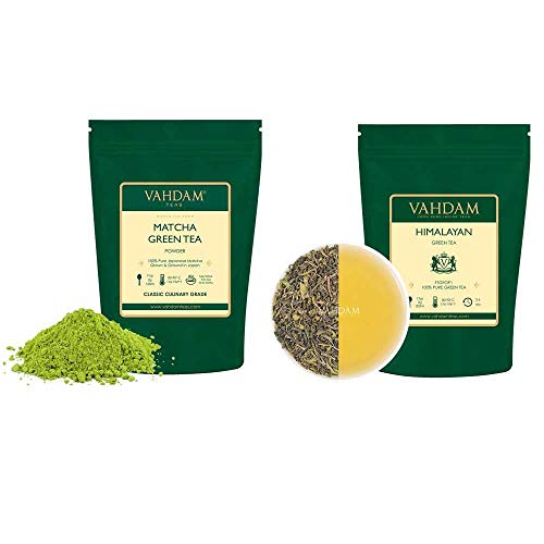Vahdam, Matcha Green Tea Powder (1.75Oz, 25 Cups) & Himalayan Green Tea Leaves (3.53Oz, 50 Cups)- 100% Natural Green Tea | Green & Matcha Latte For Energy, Focus And Cleansing- 100% Pure #TOP9