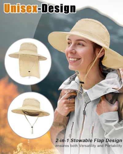 Image of Outdoor Sun Hats with Stowable Neck Flap for Men Women UPF 50+ Mesh Summer Bucket Hat Wide Brim for Fishing Safari Hiking