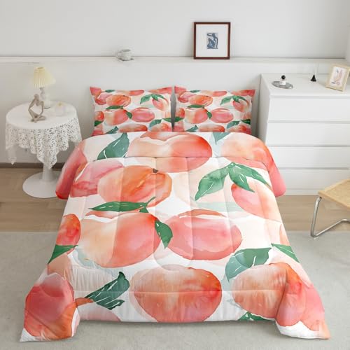 Feelyou Peach Comforter Set Watercolor Peach Leaves Comforter for Boys