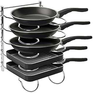 Amtido Pan Organiser Rack and Pot Lid Holder Stand Storage - Kitchen Cupboard Organiser - 5 Tier Height Adjustable Dividers - Heavy Duty - Chrome