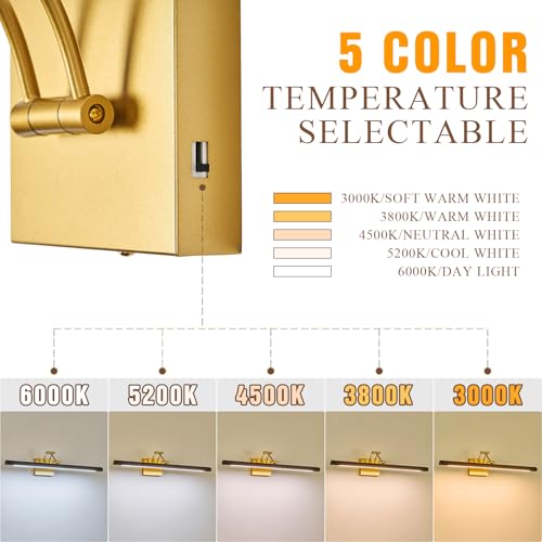 Image of VitaLink Picture Lights for Wall, Hardwired 27.5 inch Long Gold Wall Picture Artwork Paintings Display Lighting Swing Arms Wooden Wall Lamp Bathroom Vanity Light Dimmable 5CCT