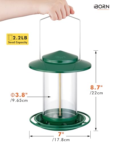 iBorn Vogelfutterspender,Metall Vogelhaus zum Aufhängen,Futterhaus für Vogel mit Futterschale,6 Futterlöcher,18 cm Wetterfest Dach,Ganzjährige Vogelfütterung,Wildvögel Futtersilo,Grün