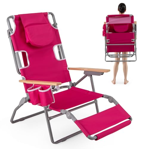 GIANTEX Silla Playa Plegable con Reposapiés y Respaldo Ajustables, Tumbona Portátil con Agujero para la Cara, Bolsillos Laterales, Silla Bronceado para Jardín, Camping, Piscina (Rosa)