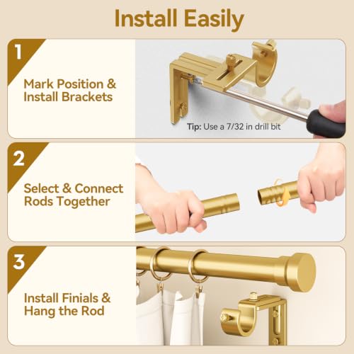 Image of YaFex Curtain Rods 2 Pack 32-114 Inch, Heavy Duty 1 Inch Diameter Gold