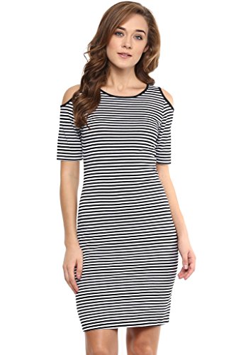 Image of Miss Chase Women's Grey and White Round Neck Half Sleeves Striped Mini Bodycon Dress