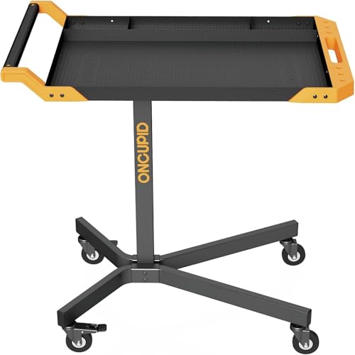 Image of Oncupid Mobile Work Table, Adjustable Height Rolling Tool Cart with Drills Storage - Heavy Duty Metal Mechanic Workbench on Wheels for Garage, Workshop, Bike Repair(Orange & Black)