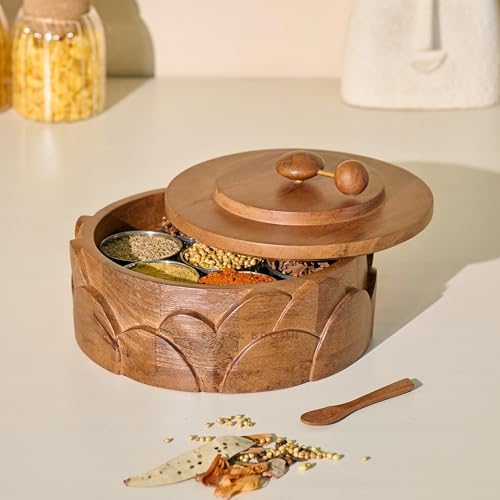 Image of Brick Brown Wooden Dial Masala Box with Lid | Spice Box Organizer Storage Box with 7 Stainless Steel Containers & Wooden Spoon | Hand-Carved Masala Dani Spice Rack for Kitchen 8.5x 8.5 x 4.5 Inch