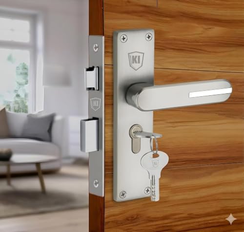 Image of Mortise Main Door Lock Handle Set |Satin Matt Finish | 8 inch Zinc lockset 1001 CY, | 6-Lever 65 mm Brass Cylindrical Lock | Suitable for Left & Right Handed Living Room Doors, Bedroom Door