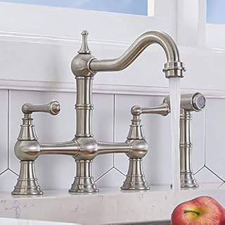 VCCUCINE Bridge Kitchen Faucet, 4 Hole Kitchen Faucet with Side Sprayer, Antique Brass 8 Inch Centerset 2 Handle Farmhouse Sink Faucet, Stainless Steel Kitchen Faucets for Sink 3 Hole